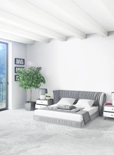 Dikey yatak odası en az ya da Loft tarzı iç tasarım. 3D render. Kavram fikir.