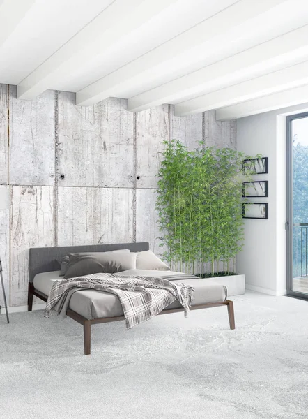 Dikey yatak odası en az ya da Loft tarzı iç tasarım. 3D render. Kavram fikir.