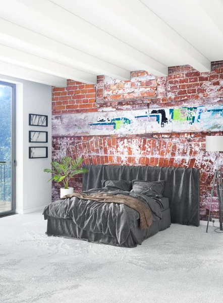 Dikey yatak odası en az ya da Loft tarzı iç tasarım. 3D render. Kavram fikir.