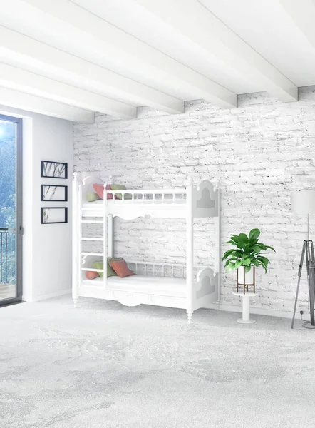 Dikey yatak odası en az ya da Loft tarzı iç tasarım. 3D render. Kavram fikir.