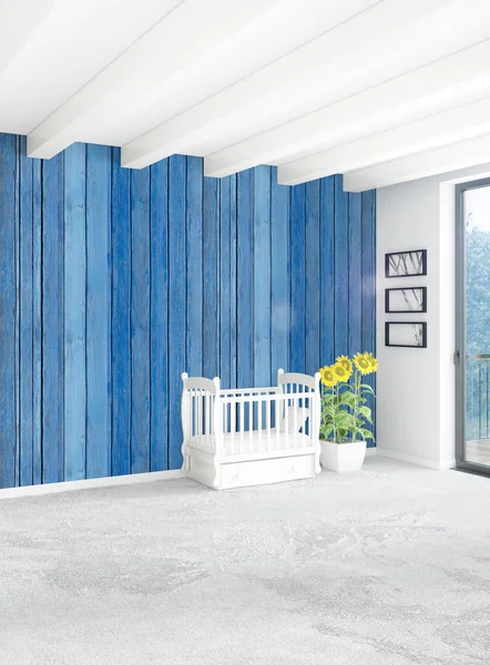 Dikey yatak odası en az ya da Loft tarzı iç tasarım. 3D render. Kavram fikir.