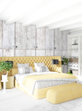 Dikey yatak odası en az ya da Loft tarzı iç tasarım. 3D render. Kavram fikir.