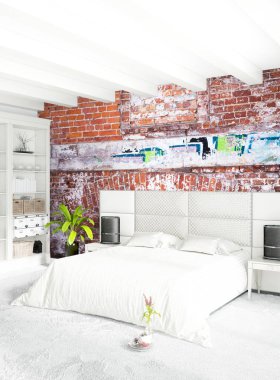 Dikey yatak odası en az ya da Loft tarzı iç tasarım. 3D render. Kavram fikir.