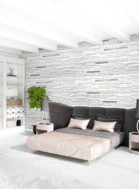 Dikey yatak odası en az ya da Loft tarzı iç tasarım. 3D render. Kavram fikir.