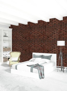 Dikey yatak odası en az ya da Loft tarzı iç tasarım. 3D render. Kavram fikir.