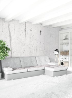 Dikey yatak odası en az ya da Loft tarzı iç tasarım. 3D render. Kavram fikir.