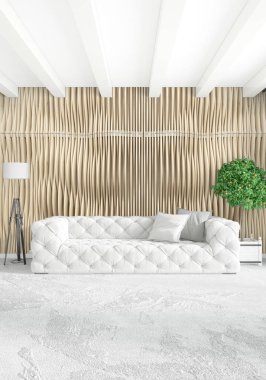 Dikey yatak odası en az ya da Loft tarzı iç tasarım. 3D render. Kavram fikir.