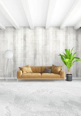 Dikey yatak odası en az ya da Loft tarzı iç tasarım. 3D render. Kavram fikir.