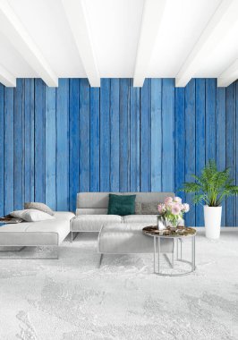 Dikey yatak odası en az ya da Loft tarzı iç tasarım. 3D render. Kavram fikir.