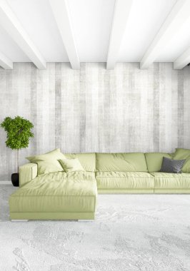 Dikey yatak odası en az ya da Loft tarzı iç tasarım. 3D render. Kavram fikir.