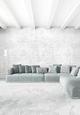 Dikey yatak odası en az ya da Loft tarzı iç tasarım. 3D render. Kavram fikir.