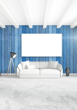 Dikey yatak odası en az ya da Loft tarzı iç tasarım. 3D render. Kavram fikir.