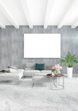 Dikey yatak odası en az ya da Loft tarzı iç tasarım. 3D render. Kavram fikir.