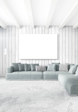 Dikey yatak odası en az ya da Loft tarzı iç tasarım. 3D render. Kavram fikir.