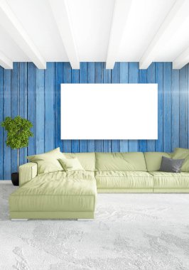 Dikey yatak odası en az ya da Loft tarzı iç tasarım. 3D render. Kavram fikir.