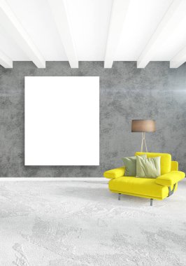 Dikey yatak odası en az ya da Loft tarzı iç tasarım. 3D render. Kavram fikir.