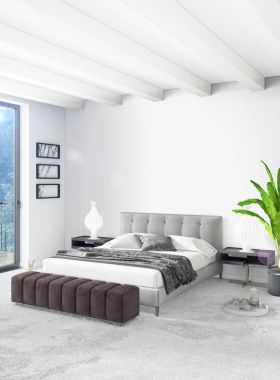 Dikey yatak odası en az ya da Loft tarzı iç tasarım. 3D render. Kavram fikir.