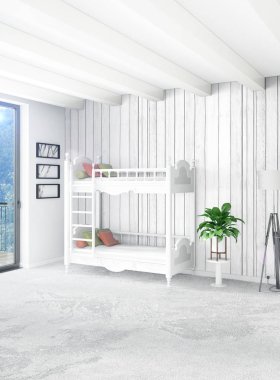 Dikey yatak odası en az ya da Loft tarzı iç tasarım. 3D render. Kavram fikir.
