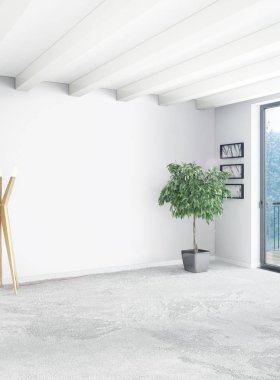 Dikey yatak odası en az ya da Loft tarzı iç tasarım. 3D render. Kavram fikir.