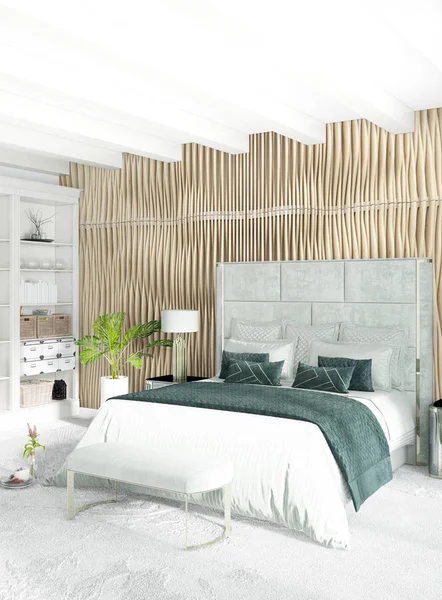 Dikey yatak odası en az ya da Loft tarzı iç tasarım. 3D render. Kavram fikir.