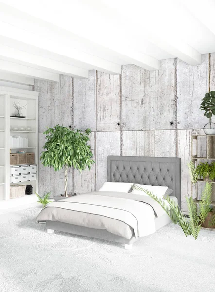 Dikey yatak odası en az ya da Loft tarzı iç tasarım. 3D render. Kavram fikir.