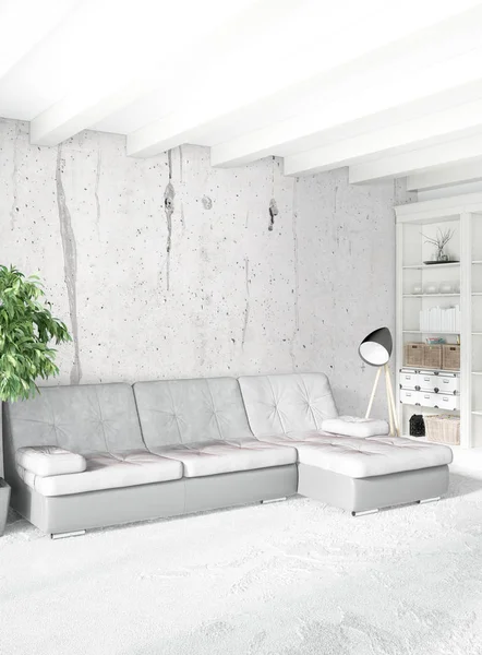 Dikey yatak odası en az ya da Loft tarzı iç tasarım. 3D render. Kavram fikir.