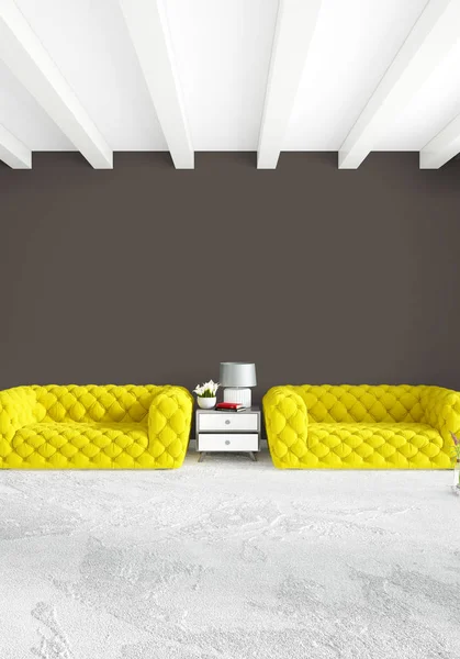 Dikey yatak odası en az ya da Loft tarzı iç tasarım. 3D render. Kavram fikir.