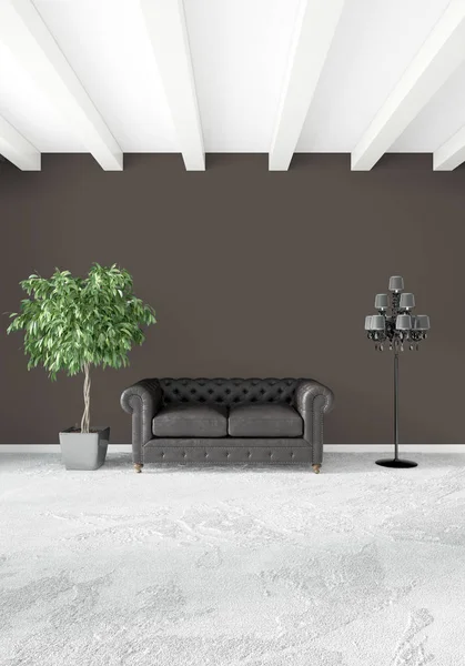 Dikey yatak odası en az ya da Loft tarzı iç tasarım. 3D render. Kavram fikir.