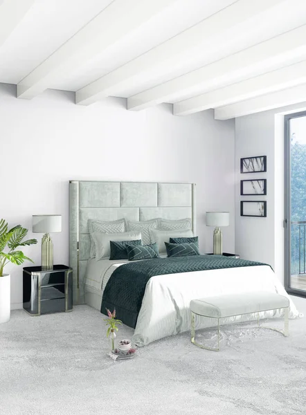 Dikey yatak odası en az ya da Loft tarzı iç tasarım. 3D render. Kavram fikir. — Stok fotoğraf
