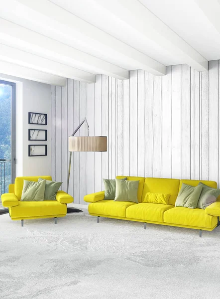 Dikey yatak odası en az ya da Loft tarzı iç tasarım. 3D render. Kavram fikir.