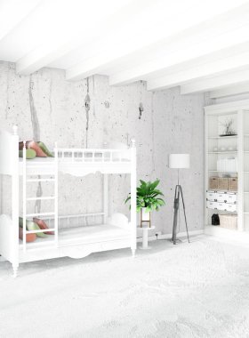 Dikey yatak odası en az ya da Loft tarzı iç tasarım. 3D render. Kavram fikir.