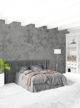 Dikey yatak odası en az ya da Loft tarzı iç tasarım. 3D render. Kavram fikir.