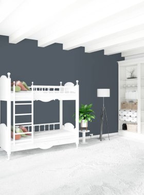 Dikey yatak odası en az ya da Loft tarzı iç tasarım. 3D render. Kavram fikir.