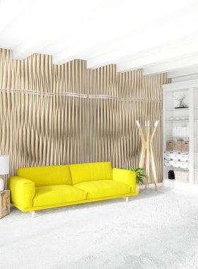 Dikey yatak odası en az ya da Loft tarzı iç tasarım. 3D render. Kavram fikir.