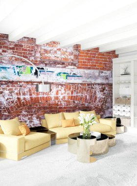 Dikey yatak odası en az ya da Loft tarzı iç tasarım. 3D render. Kavram fikir.