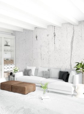 Dikey yatak odası en az ya da Loft tarzı iç tasarım. 3D render. Kavram fikir.