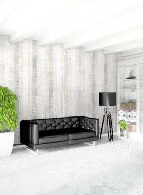 Dikey yatak odası en az ya da Loft tarzı iç tasarım. 3D render. Kavram fikir.