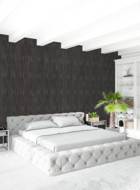 Beyaz yatak odası en az stil iç tasarım ahşap duvar ve gri Kanepeli. 3D render. 3D çizim