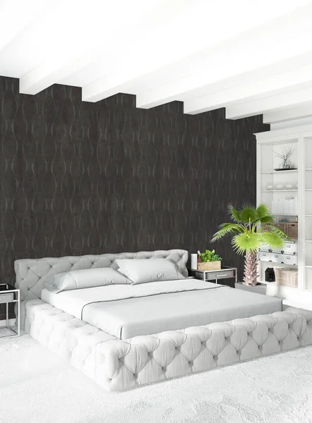 Beyaz yatak odası en az stil iç tasarım ahşap duvar ve gri Kanepeli. 3D render. 3D çizim