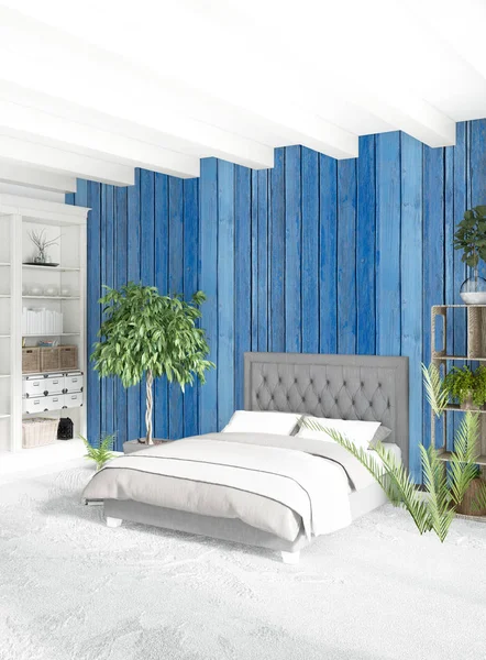 Quarto branco estilo mínimo Design de interiores com parede de madeira e sofá cinza. Renderização 3D. Ilustração 3D — Fotografia de Stock