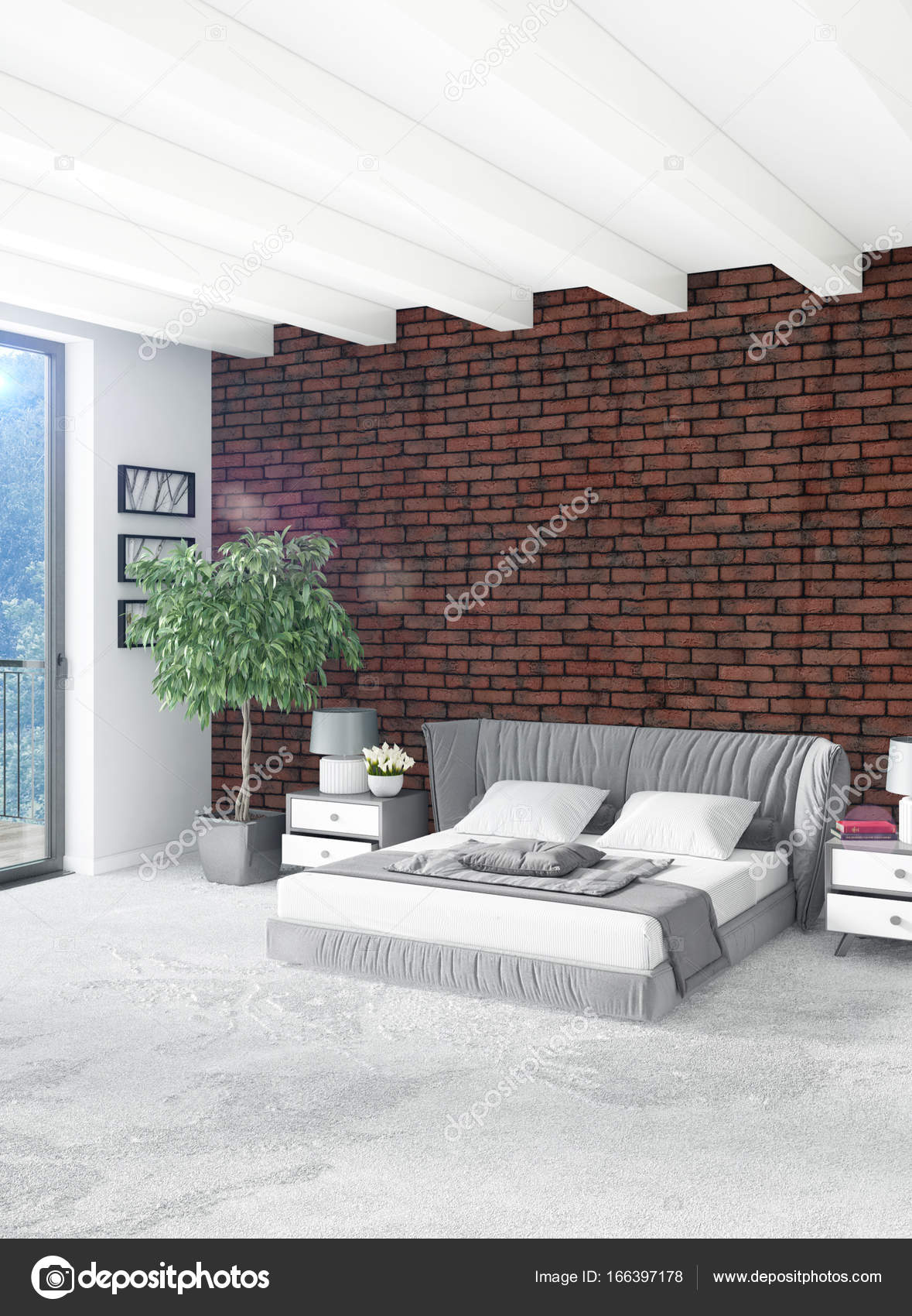 Wit slaapkamer minimalistische stijl interieur met houten muur en ... Wit slaapkamer minimalistische stijl interieur met houten muur en ...
