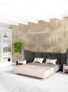 Beyaz yatak odası en az stil iç tasarım ahşap duvar ve gri Kanepeli. 3D render. 3D çizim