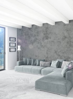 Beyaz yatak odası en az stil iç tasarım ahşap duvar ve gri Kanepeli. 3D render. 3D çizim