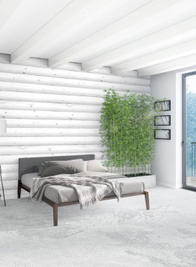 Beyaz yatak odası en az stil iç tasarım ahşap duvar ve gri Kanepeli. 3D render. 3D çizim