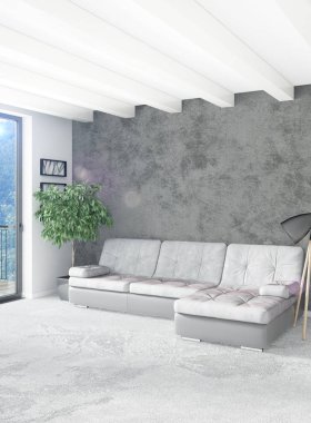 Beyaz yatak odası en az stil iç tasarım ahşap duvar ve gri Kanepeli. 3D render. 3D çizim