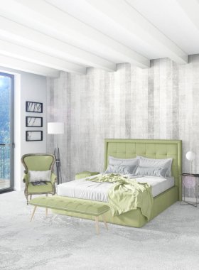 Beyaz yatak odası en az stil iç tasarım ahşap duvar ve gri Kanepeli. 3D render. 3D çizim