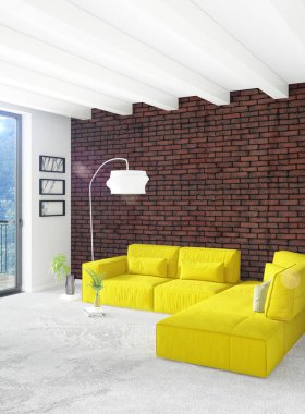 Beyaz yatak odası en az stil iç tasarım ahşap duvar ve gri Kanepeli. 3D render. 3D çizim