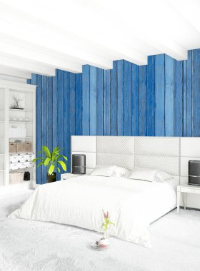Beyaz yatak odası en az stil iç tasarım ahşap duvar ve gri Kanepeli. 3D render. 3D çizim