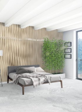 Beyaz yatak odası en az stil iç tasarım ahşap duvar ve gri Kanepeli. 3D render. 3D çizim