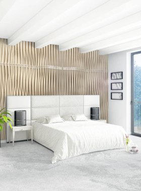 Beyaz yatak odası en az stil iç tasarım ahşap duvar ve gri Kanepeli. 3D render. 3D çizim